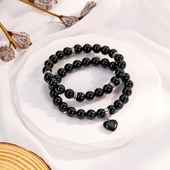 Hand Crafted Jewelry - 🆕New Obsidian Beaded Bracelet Set with Heart Charm